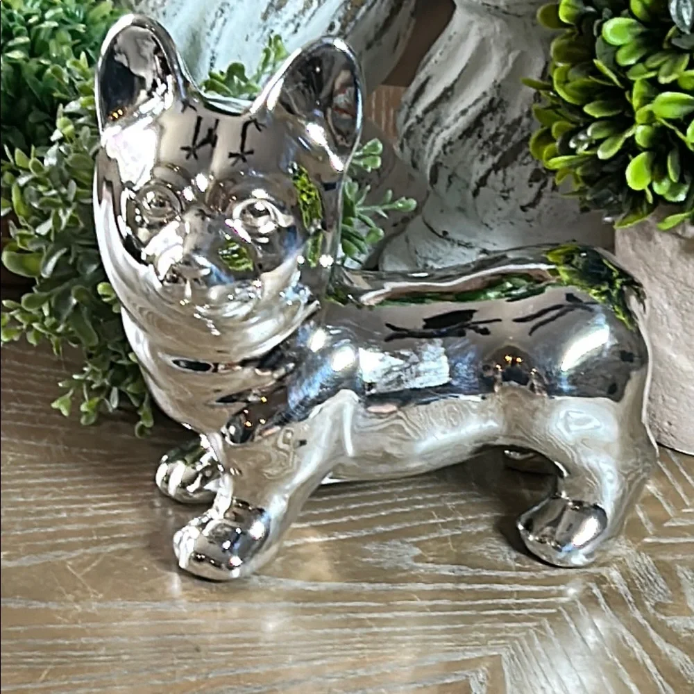 NEW! Shabby Chic Metallic Silver Ceramic French Bulldog Corgi Dog Figurine - Picture 1 of 5